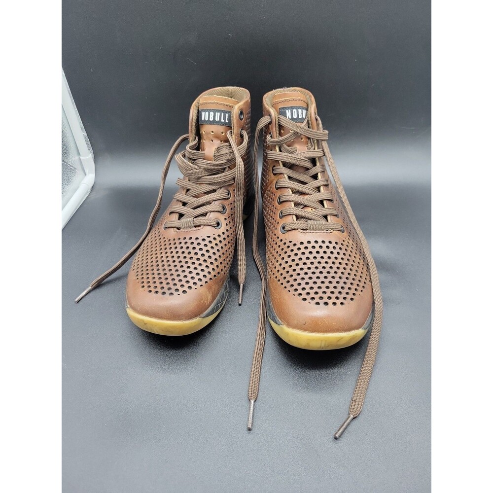 NOBULL High-Top Leather Trainer Coffee Brown Perforated Gym Shoes - READ